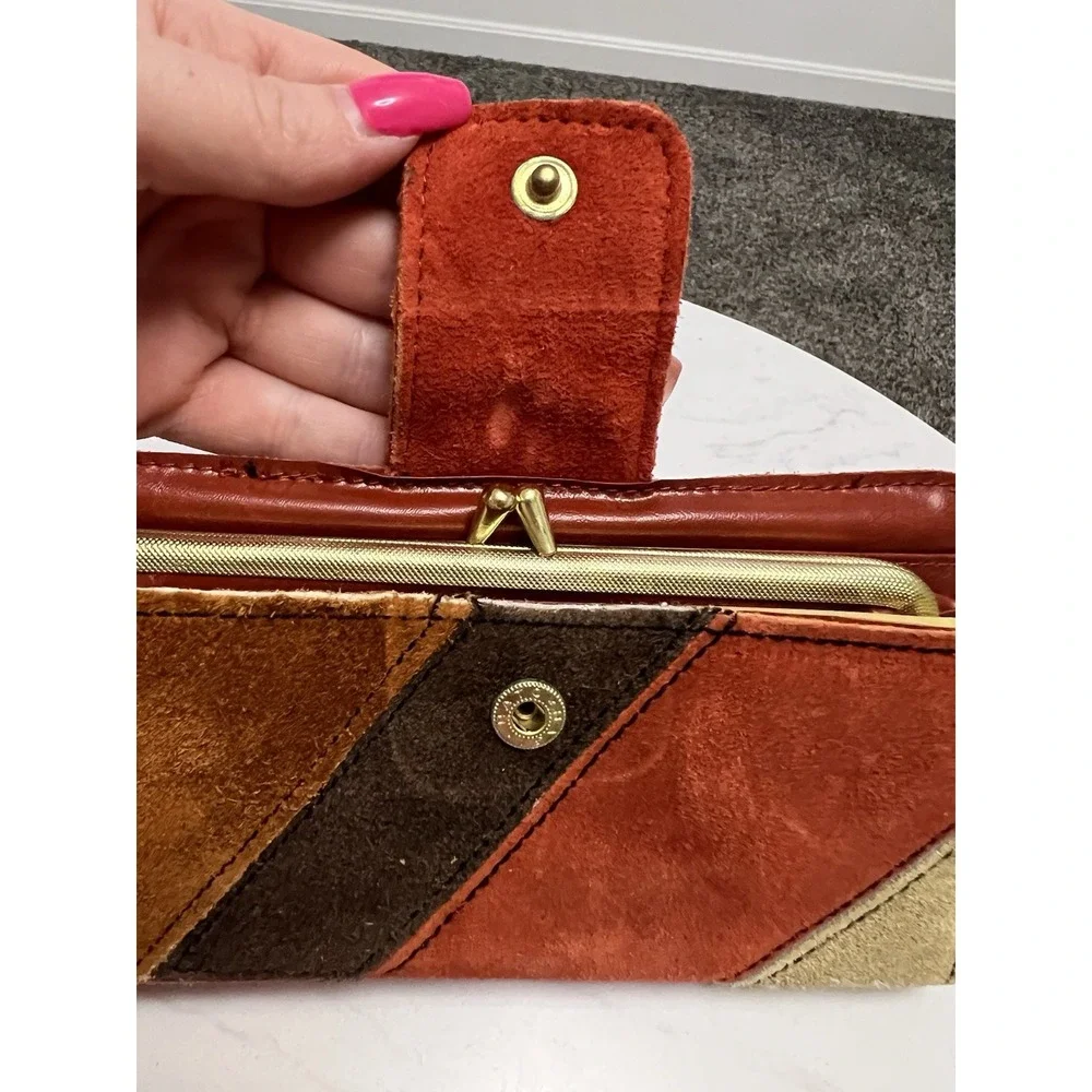 Vtg 1970s Patchwork Suede Leather Wallet‎ Organizer Boho Made in Hong Kong